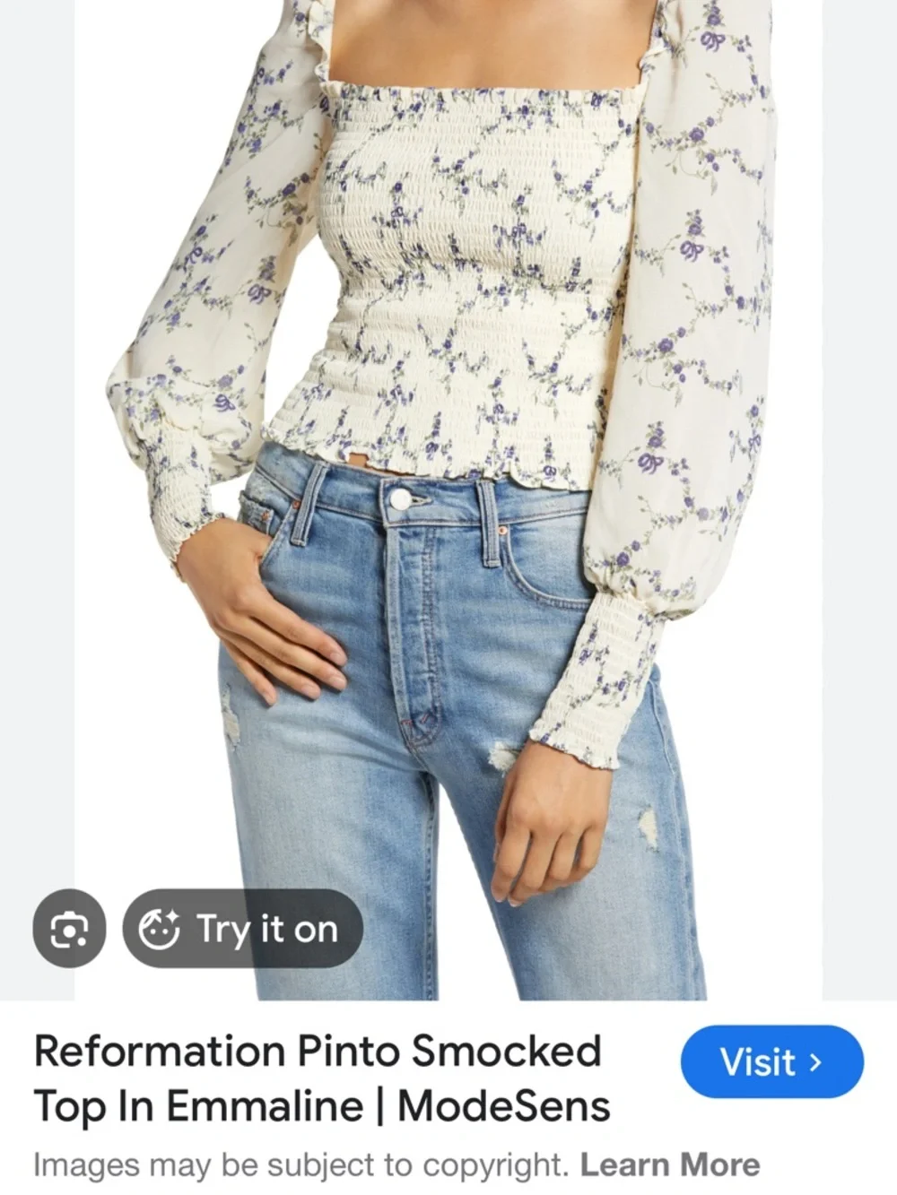 Reformation Cream Floral Smocked Square-Neck Crop Top with Blue Print